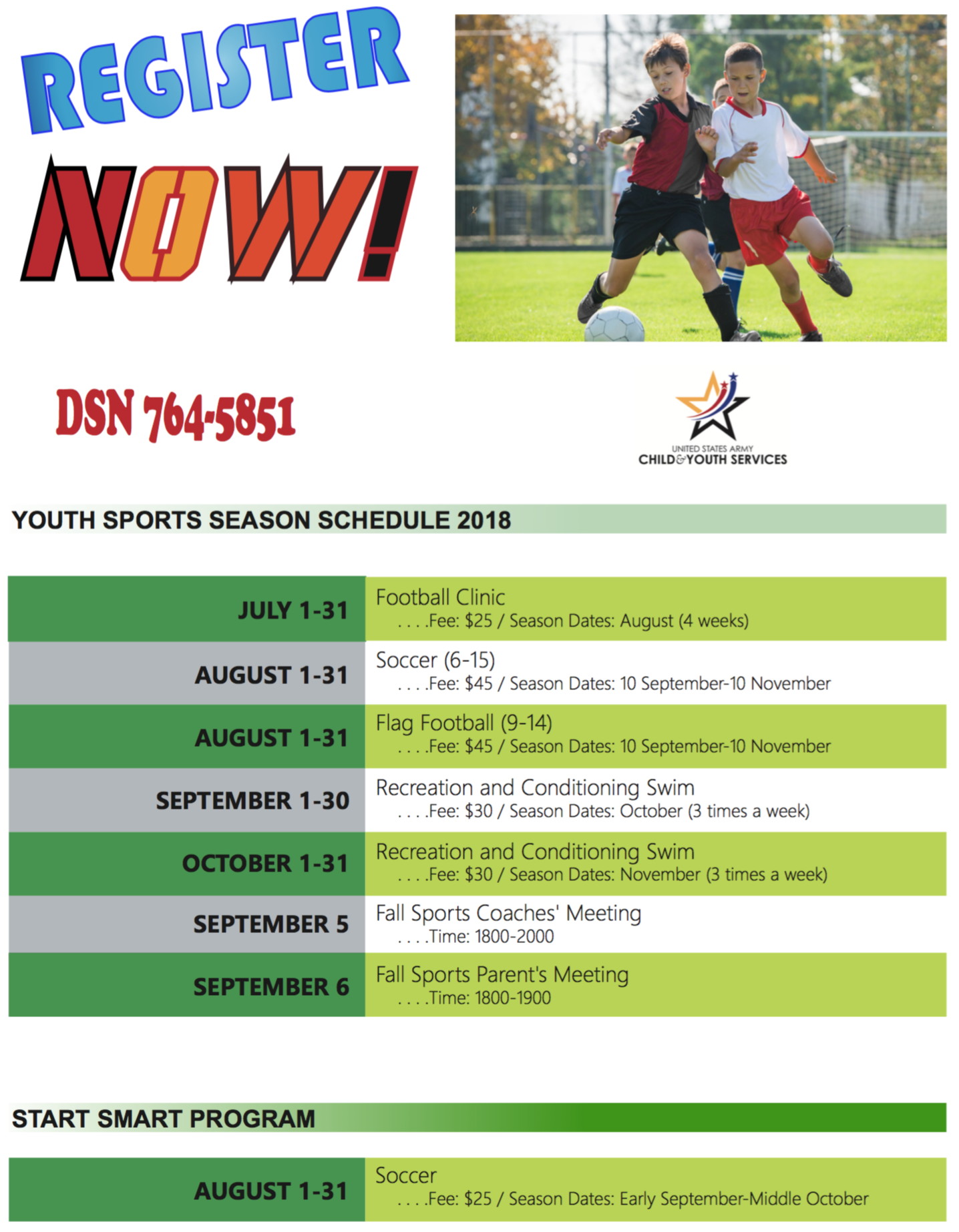 US Army MWR Youth Sports Season Schedule 2018